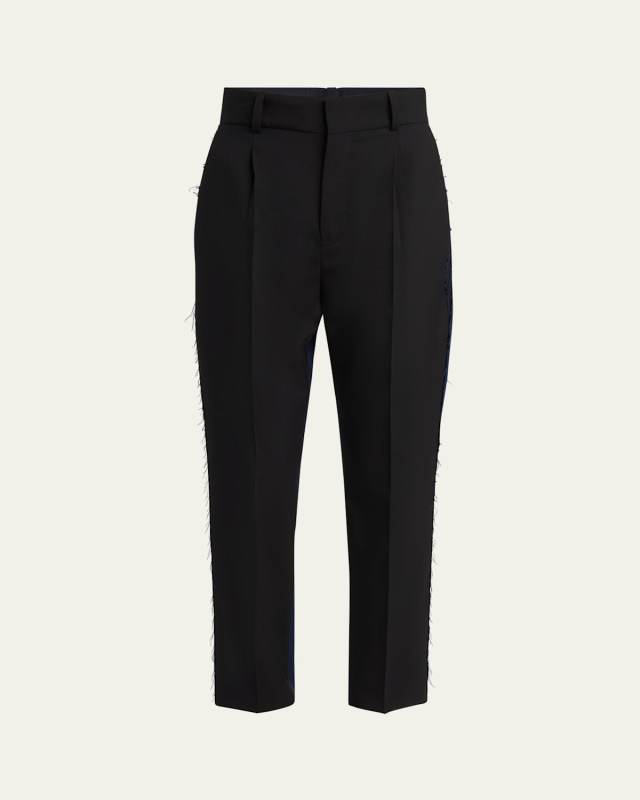 Two-Tone Pleated Tapered Leg Wool Trousers